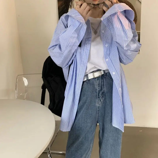Elva | Women's Oversized Striped Shirt with Long Sleeves | Blue