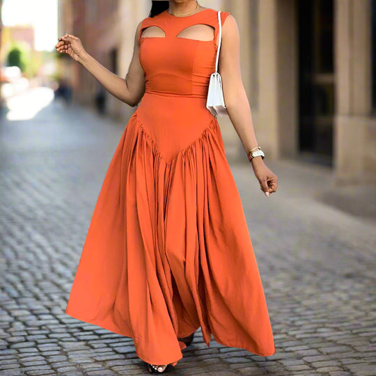 Isabeau | Sleeveless long A-line dress for women | Orange