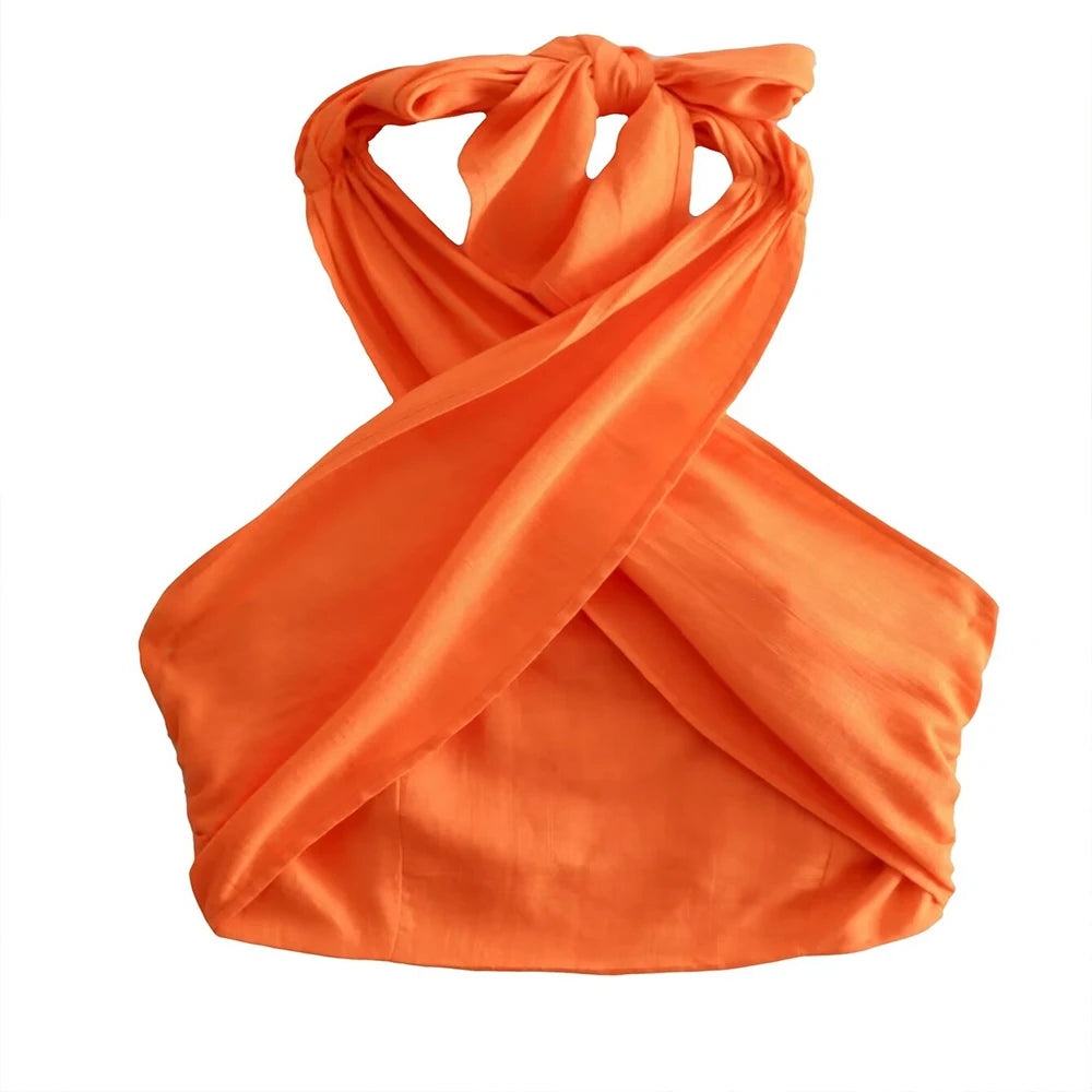 Mira | Short halter top with crossed design for women | Orange