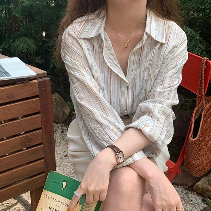 Leana | Women's Oversized Striped Shirt with Long Sleeves | Beige