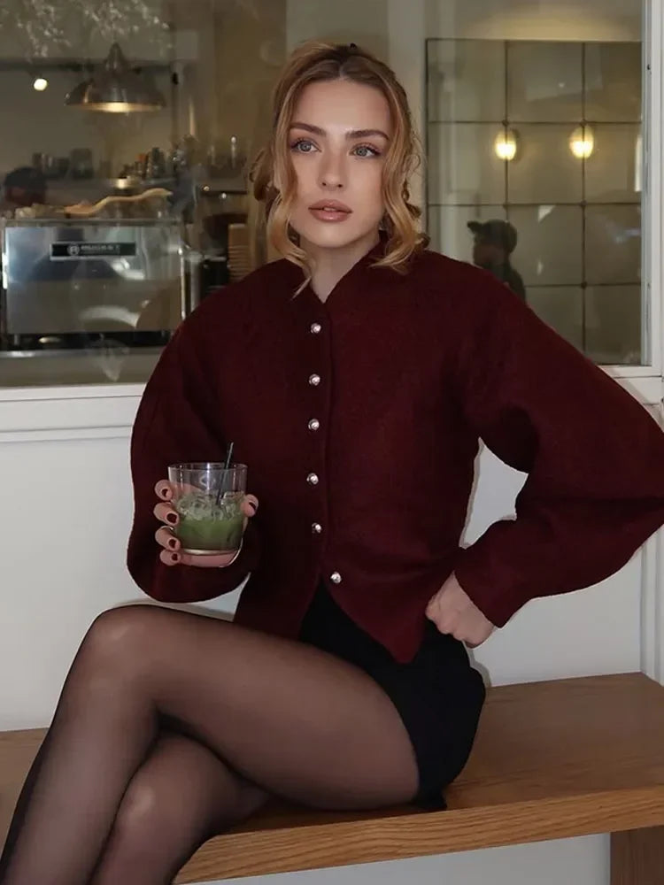 Elisa | Women's Oversized Short Coat with Round Neck | Bordeaux Red
