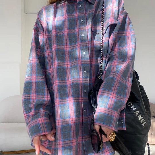 Elaya | Women's Oversized Checked Blouse with Pockets | Blue