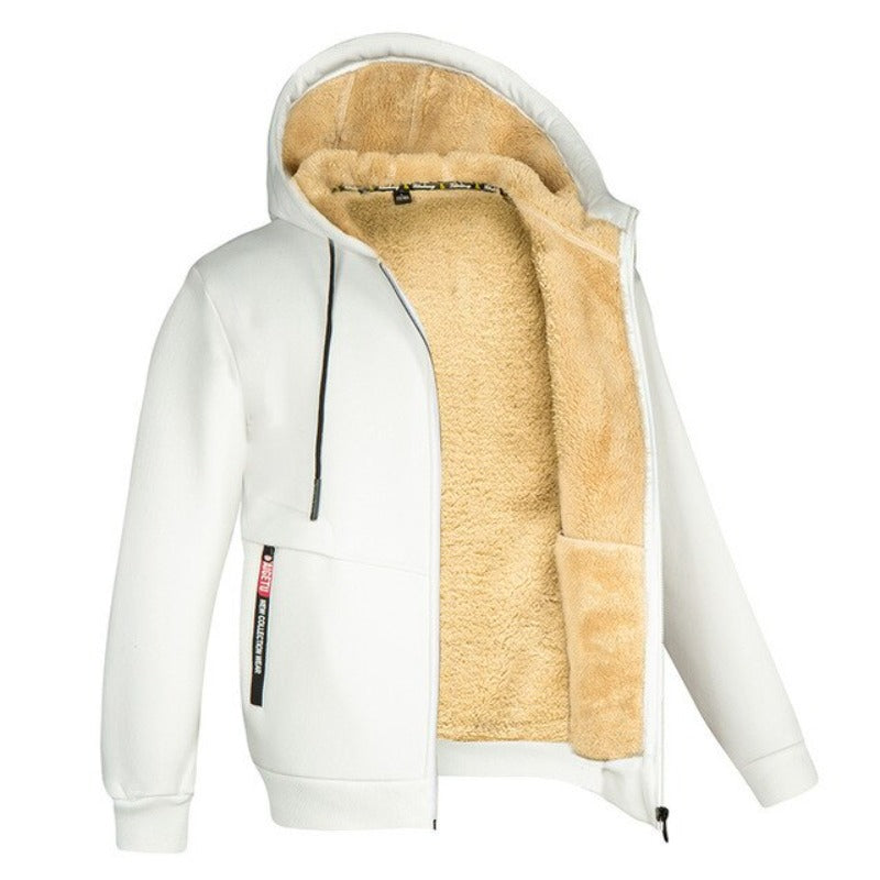 Voor- en achterkant van een gevoerde sherpa hoodie.