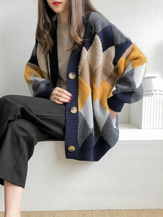 Liana | Damen Oversized Kariert Strick-Cardigan mit Puffärmeln | Navyblau
