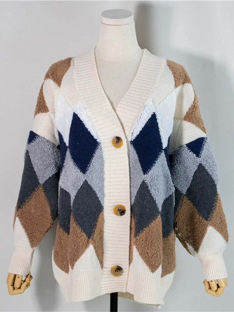 Liana | Damen Oversized Kariert Strick-Cardigan mit Puffärmeln | Navyblau