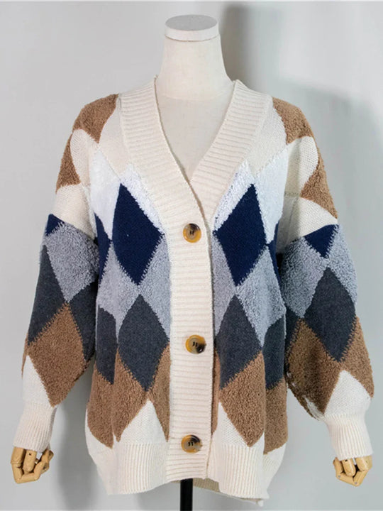 Liana | Damen Oversized Kariert Strick-Cardigan mit Puffärmeln | Navyblau