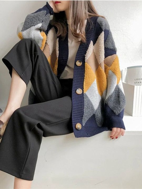 Liana | Damen Oversized Kariert Strick-Cardigan mit Puffärmeln | Navyblau