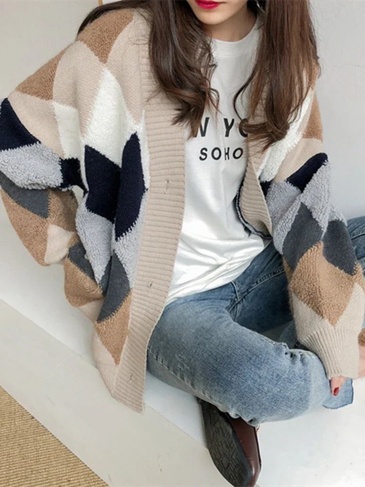 Liana | Women's Oversized Checked Knit Cardigan with Puff Sleeves | Navy Blue