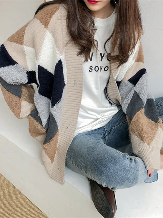 Liana | Damen Oversized Kariert Strick-Cardigan mit Puffärmeln | Navyblau