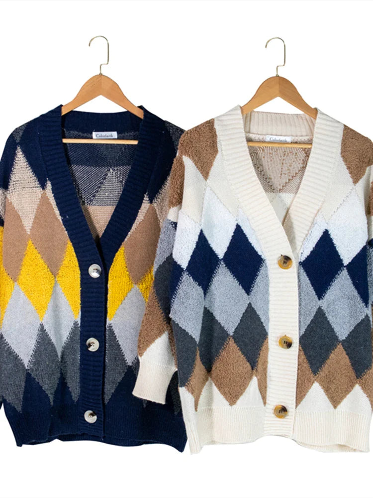 Liana | Damen Oversized Kariert Strick-Cardigan mit Puffärmeln | Navyblau