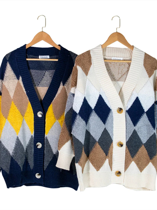 Liana | Damen Oversized Kariert Strick-Cardigan mit Puffärmeln | Navyblau