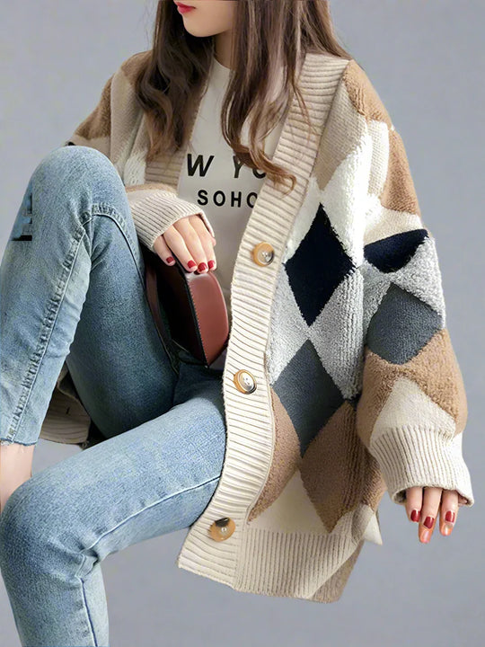 Liana | Damen Oversized Kariert Strick-Cardigan mit Puffärmeln | Navyblau