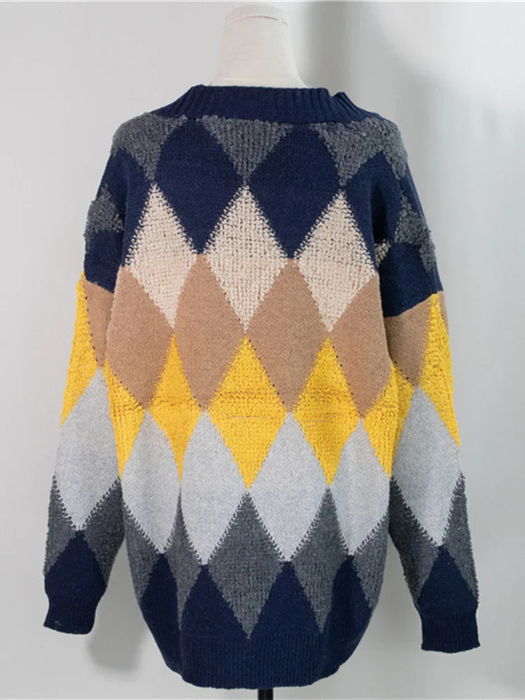 Liana | Damen Oversized Kariert Strick-Cardigan mit Puffärmeln | Navyblau