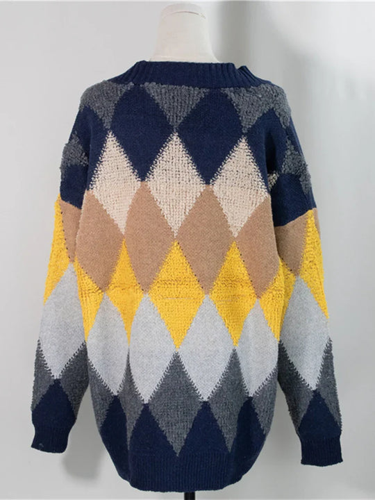 Liana | Damen Oversized Kariert Strick-Cardigan mit Puffärmeln | Navyblau
