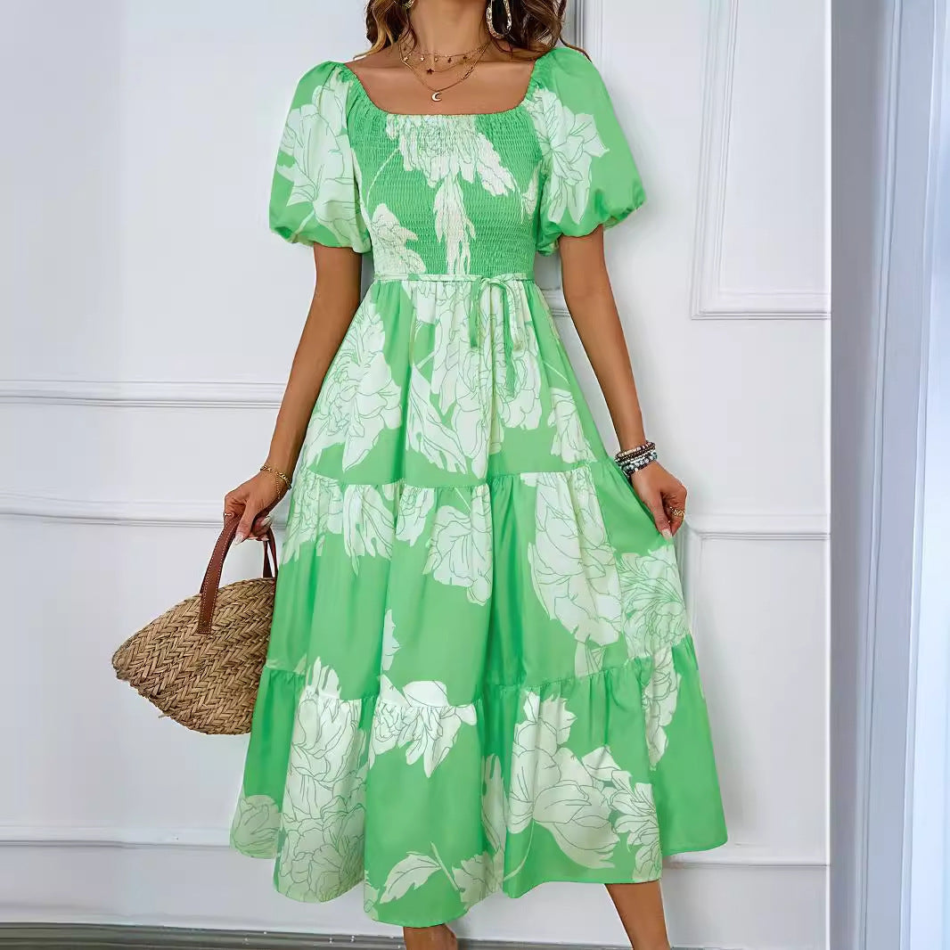 Valeria | Elegante abito midi scollato con maniche a sbuffo