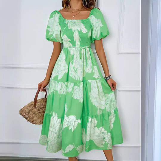 Valeria | Elegante abito midi scollato con maniche a sbuffo