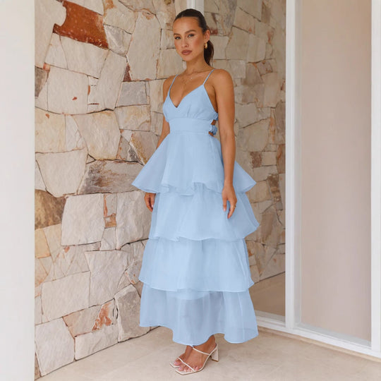 Vanessa | Elegante maxi-abito con ruches a strati e spalline sottili