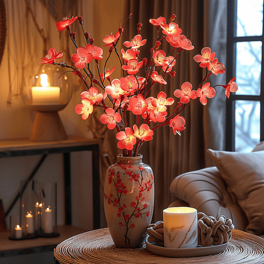 LED bloemenverlichting in combinatie met groene takken in een vaas, perfect voor een rustieke en warme sfeer.