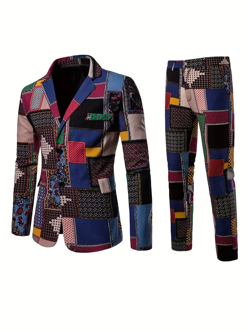 Close-up van een herenblazer met abstracte prints.