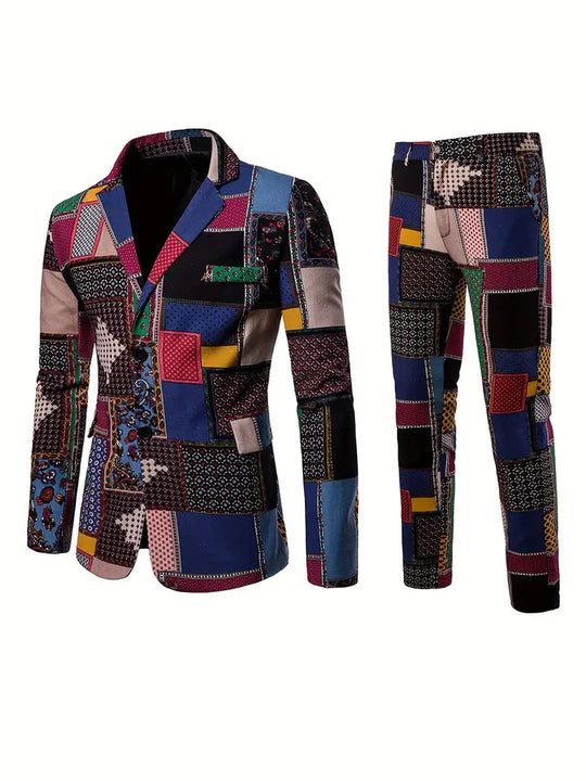 Close-up van een herenblazer met abstracte prints.