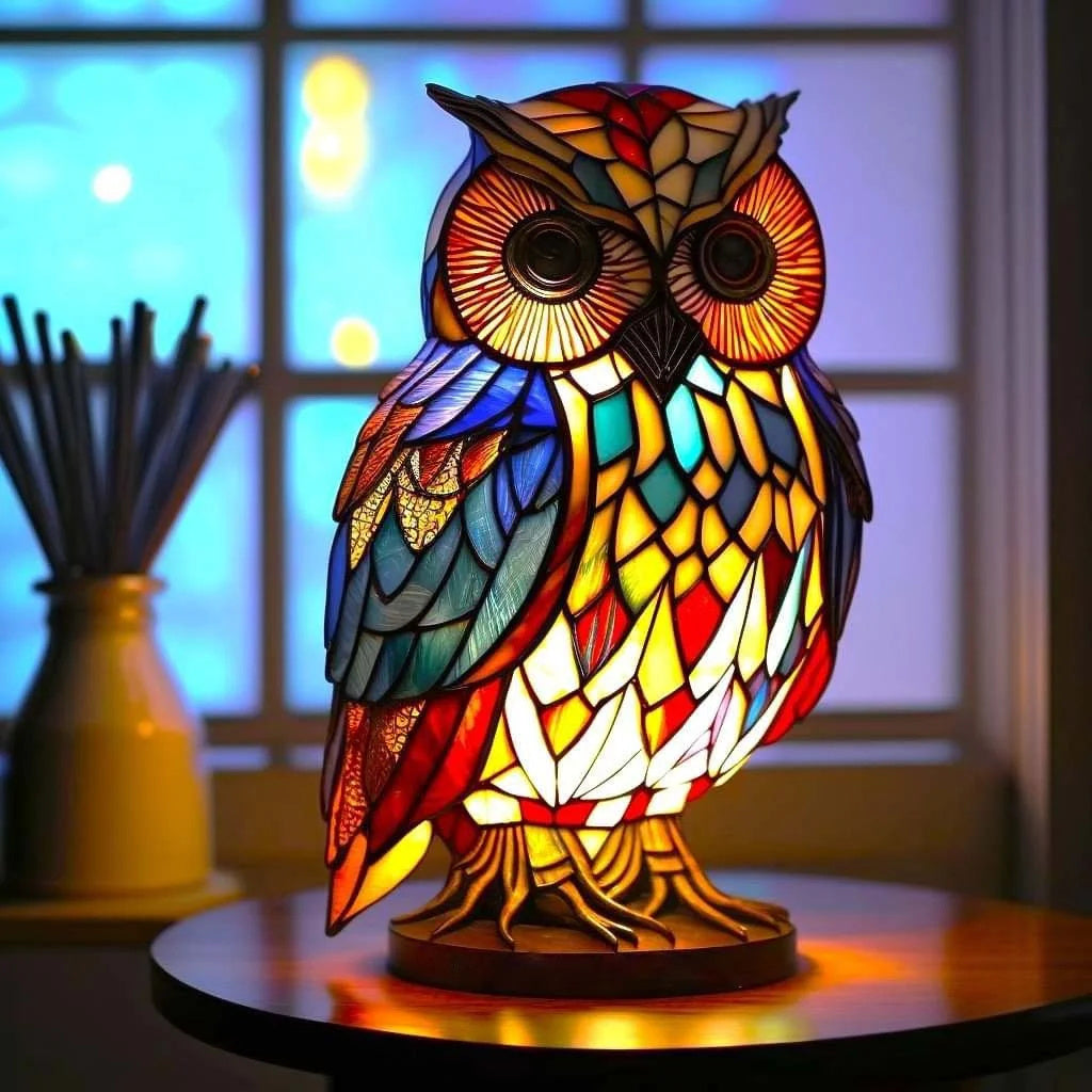 Handgemaakte glas-in-lood dierenlamp met warme lichtreflecties.