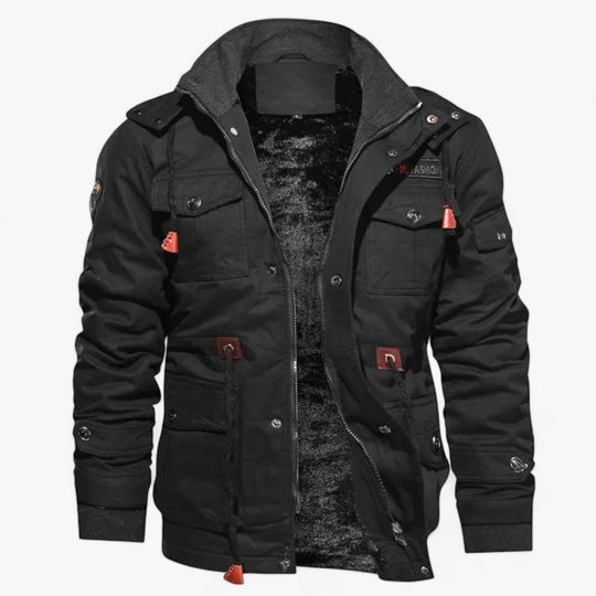 Beige winterjack met fleecevoering en stijlvolle zakken.
