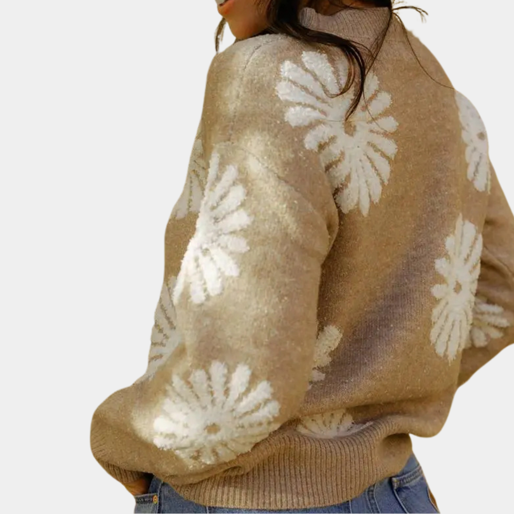 Noëlle | Women's Knitted Sweater With Flower Pattern | Beige