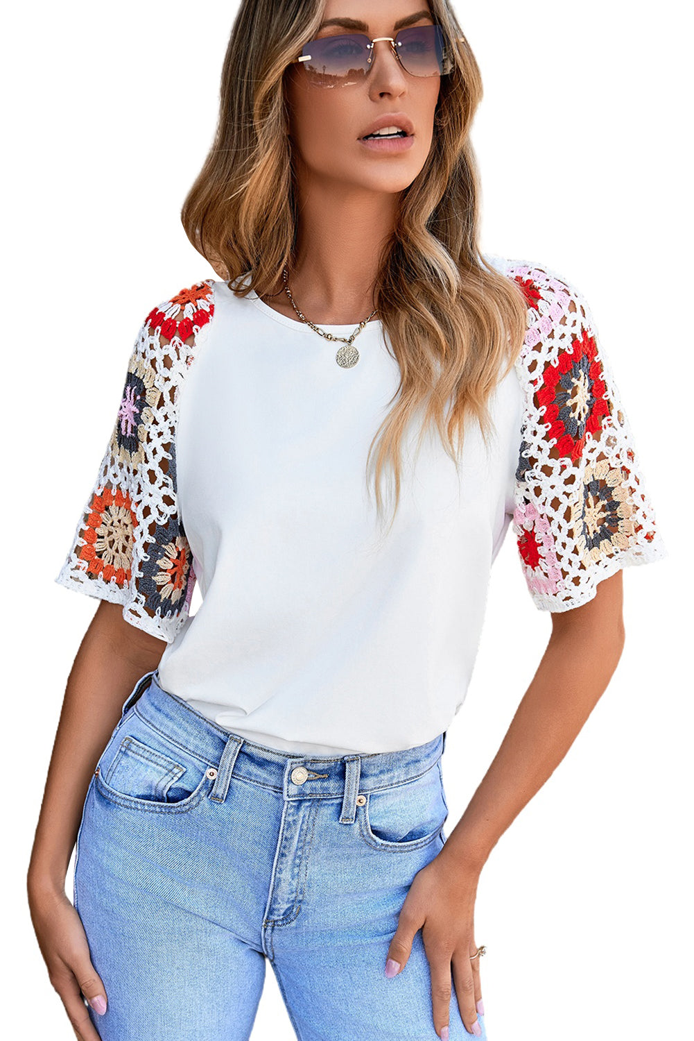 Roxie - Top mit kurzen Ärmeln und gehäkeltem Blumenmuster