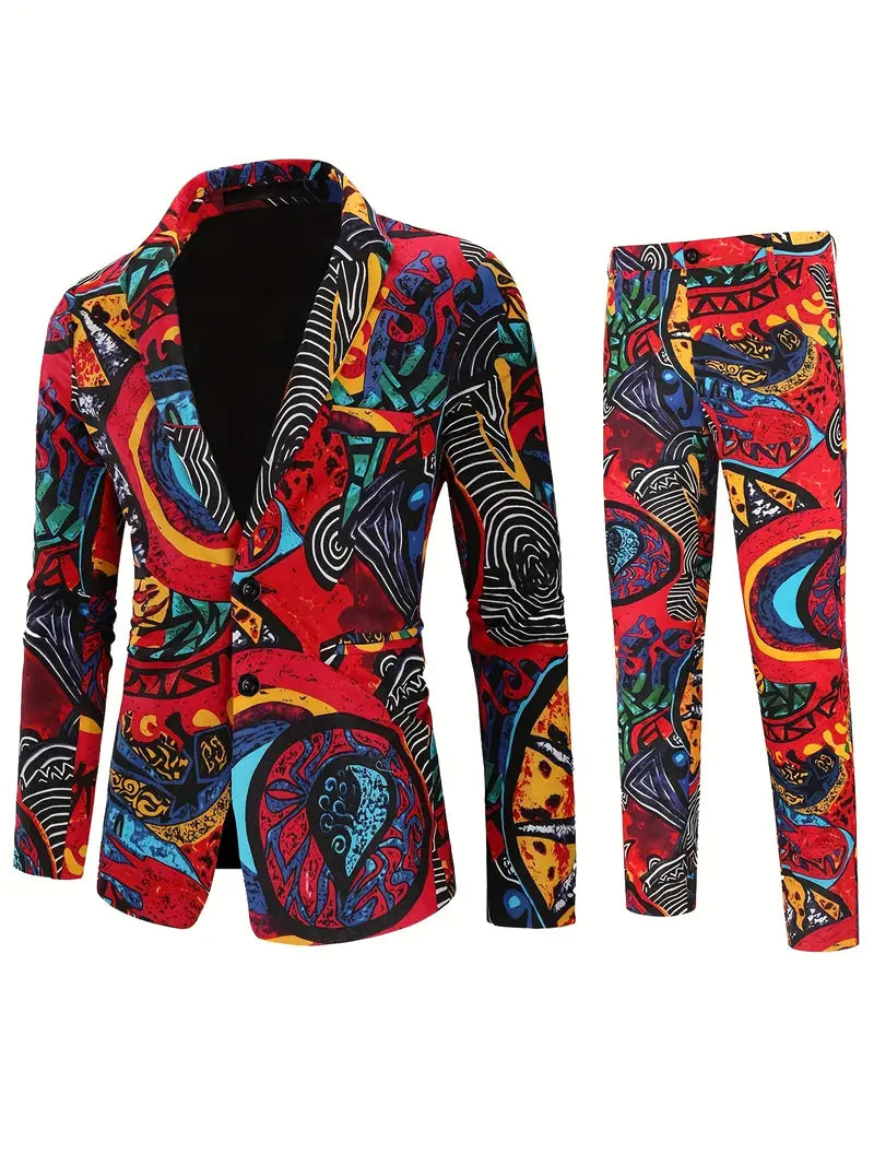 Complete blazer en broek set met kleurrijk design.