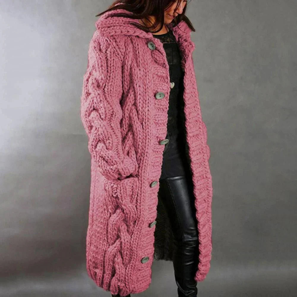 Fiona - Warm Knitted Long Coat with Hood
