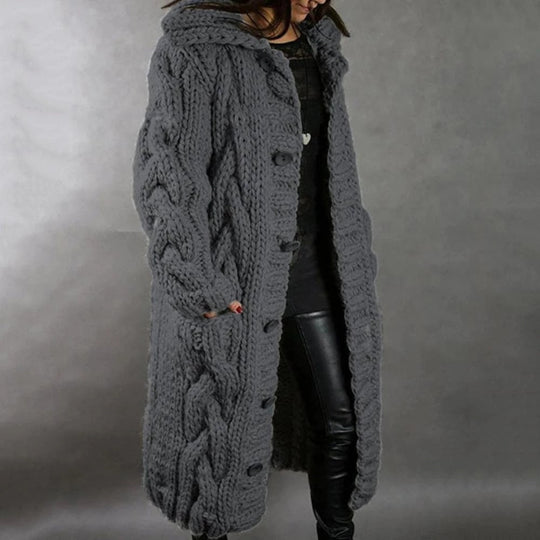 Fiona - Warm Knitted Long Coat with Hood