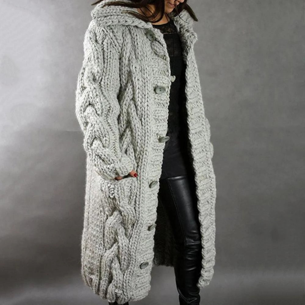 Fiona - Caldo Cappotto Lungo Lavorato a Maglia con Cappuccio