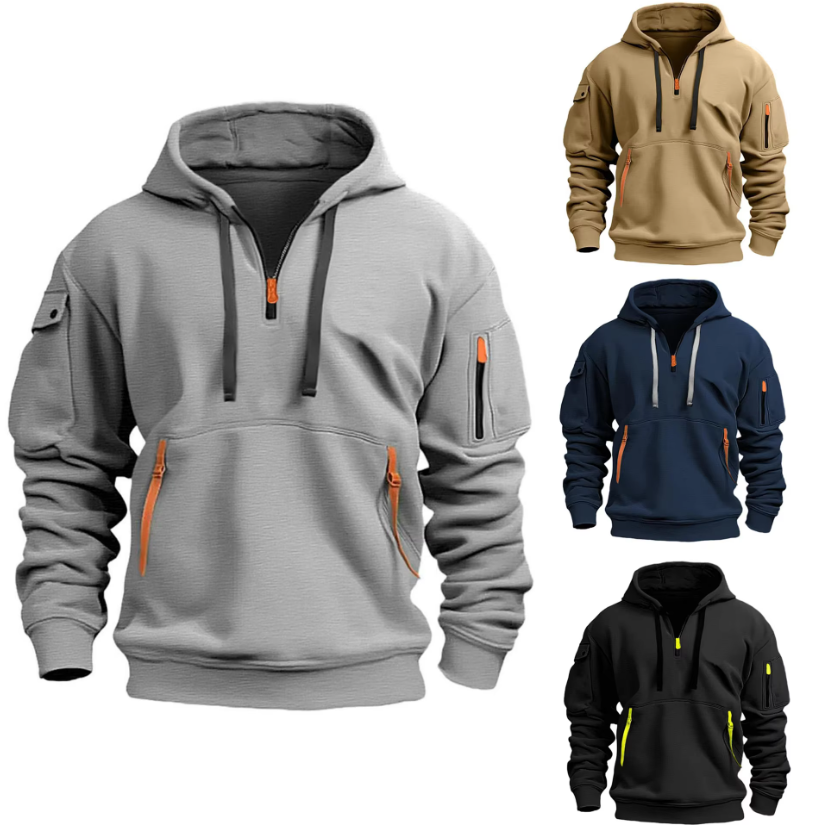 Grijze Mika Hooded Pullover met opvallende ritssluitingen aan de voorkant.
