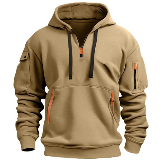 Beige sweater met schouderzak en casual uitstraling.
