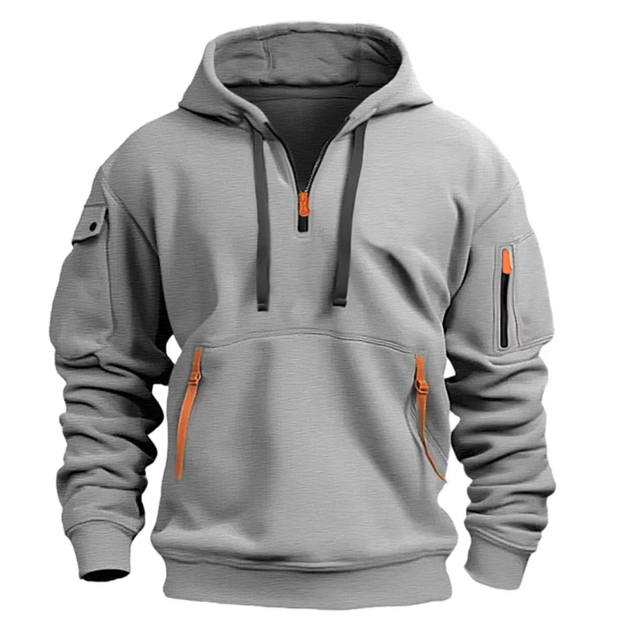 Zwarte Mika Hooded Pullover met felgekleurde accenten op de ritsen.

