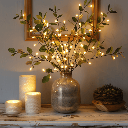 Vaas met takken en LED bloemenlichtjes, een stijlvolle en warme decoratie voor elke ruimte.