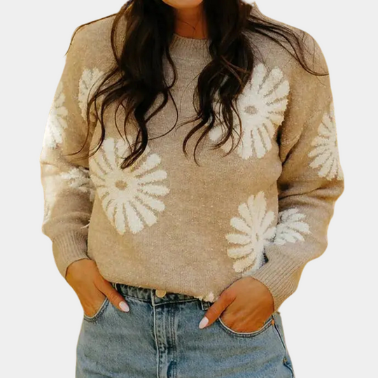Noëlle | Women's Knitted Sweater With Flower Pattern | Beige