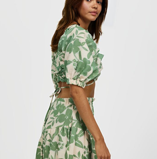 Eliza - Set elegante due pezzi con stampa foglie e maniche corte