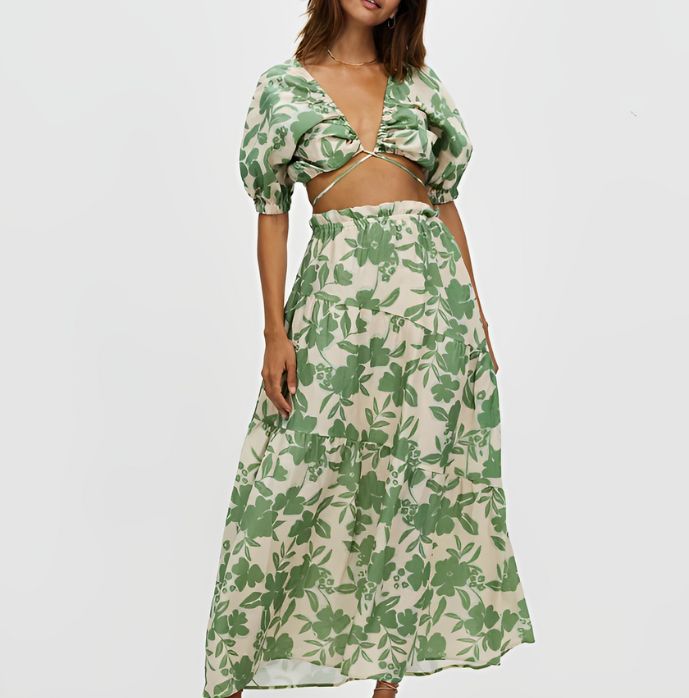 Eliza - Set elegante due pezzi con stampa foglie e maniche corte