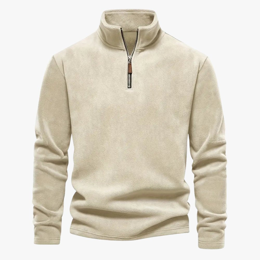 Blauwe sweater gedragen in een casual en moderne setting.
