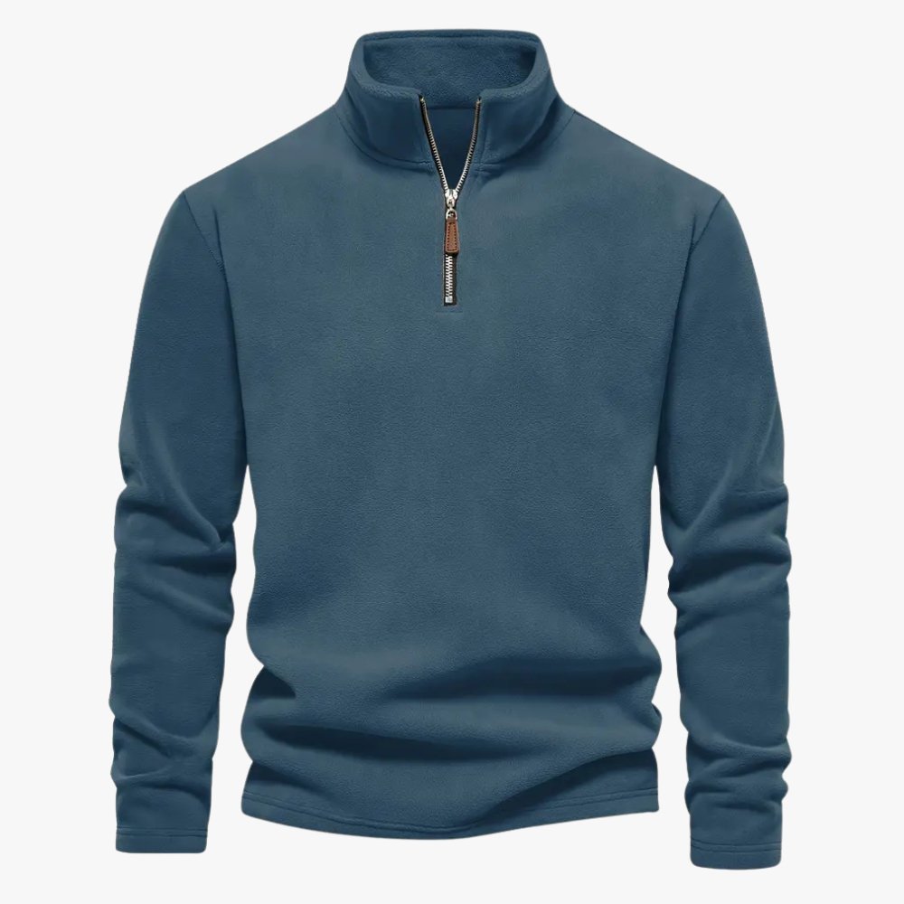 Klassiek ontwerp van de blauwe sweater met een sportieve touch.

