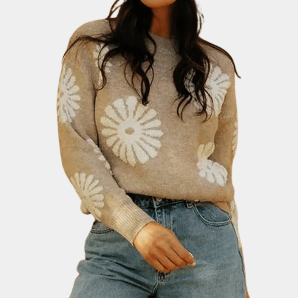 Noëlle | Women's Knitted Sweater With Flower Pattern | Beige