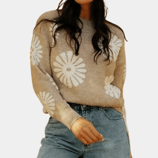 Noëlle | Women's Knitted Sweater With Flower Pattern | Beige