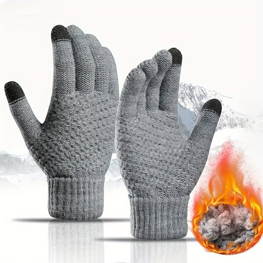 Zwarte gebreide handschoenen met een zachte fleece voering.
