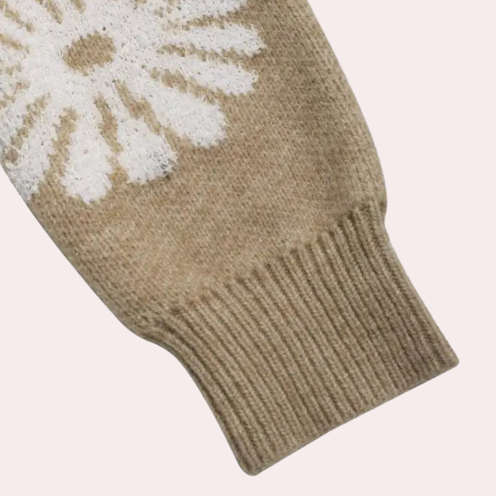 Noëlle | Women's Knitted Sweater With Flower Pattern | Beige